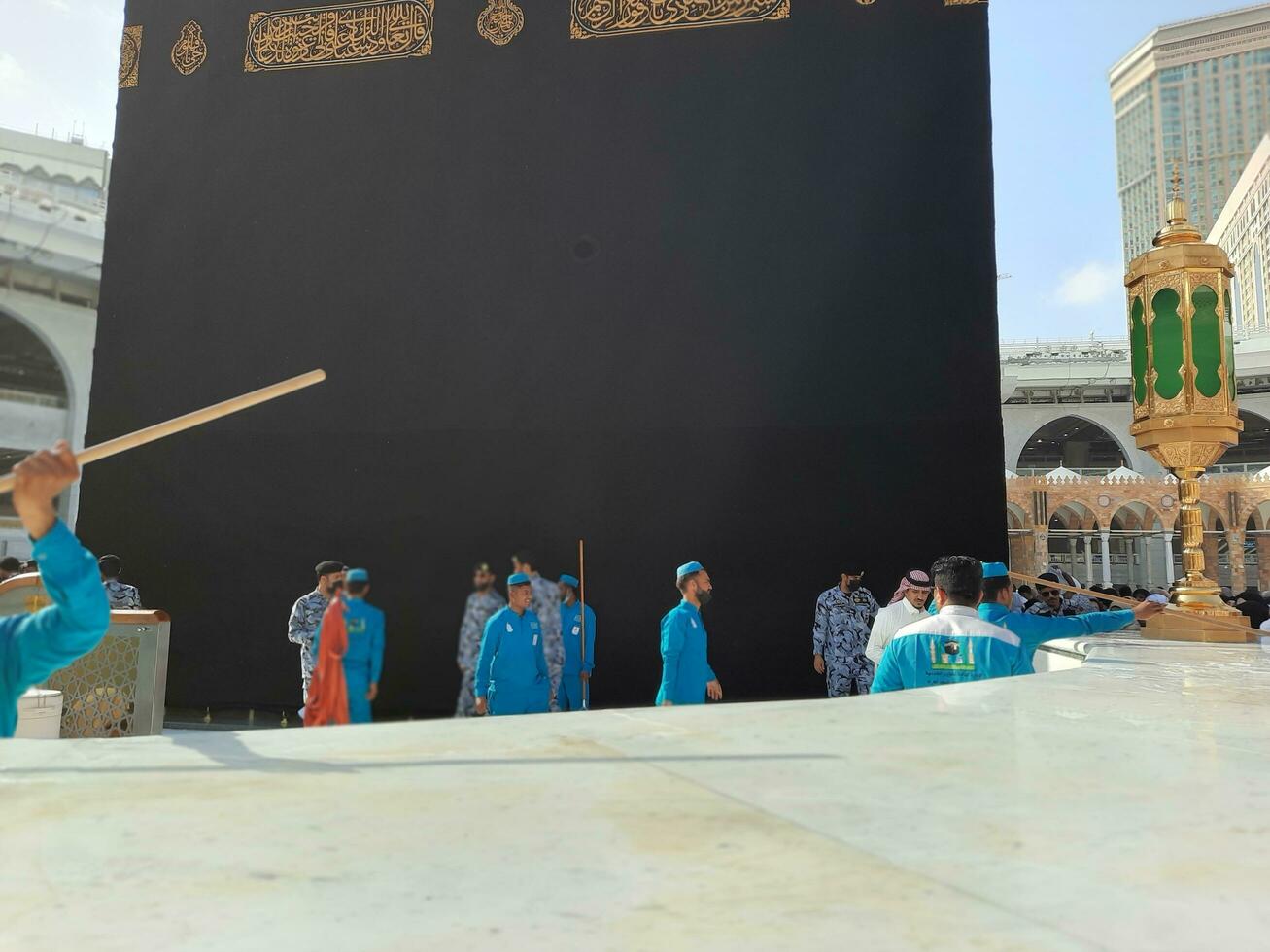 Mecca, Saudi Arabia, May 2023 - A beautiful view of cleaning Hateem during daytime near the Kaaba in the courtyard of Masjid al-Haram, Mecca. photo