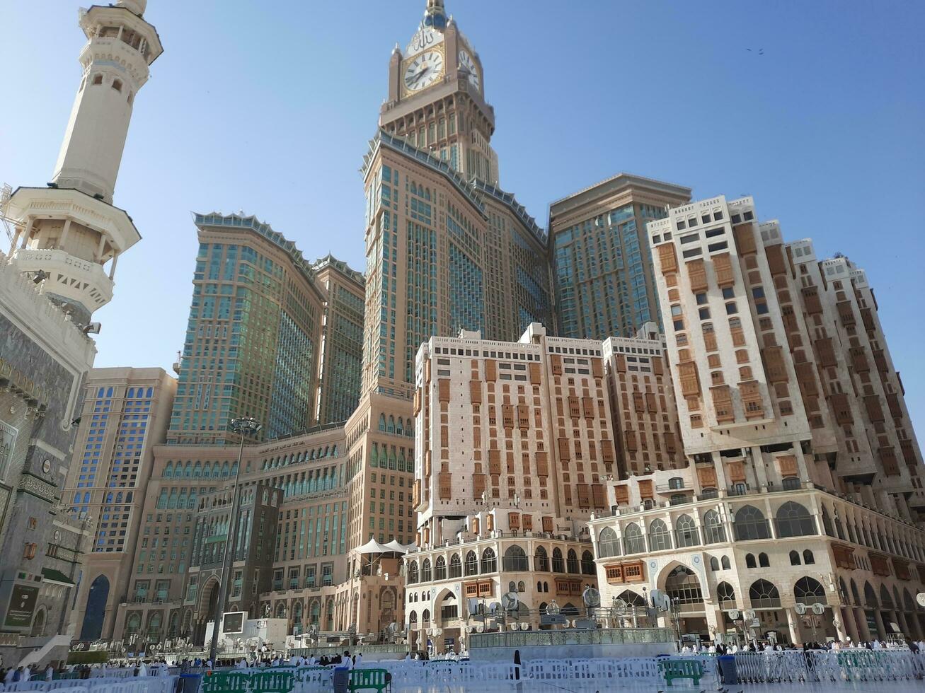 Mecca, Saudi Arabia, April 2023 - A beautiful daytime view of the Makkah Clock Tower from the courtyard of Masjid al-Haram, Mecca. photo