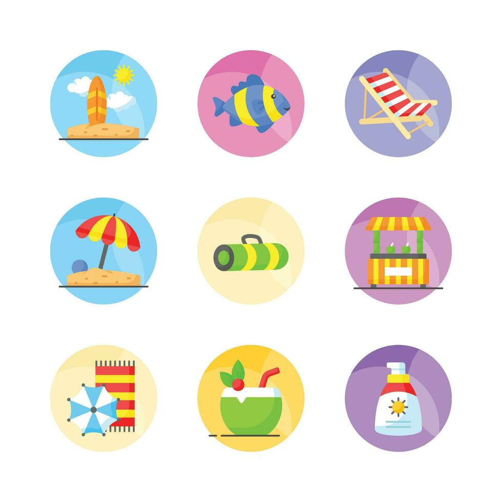 Embrace the warmth and relaxation of summer with a charming collection of icons that evoke beachside bliss vector