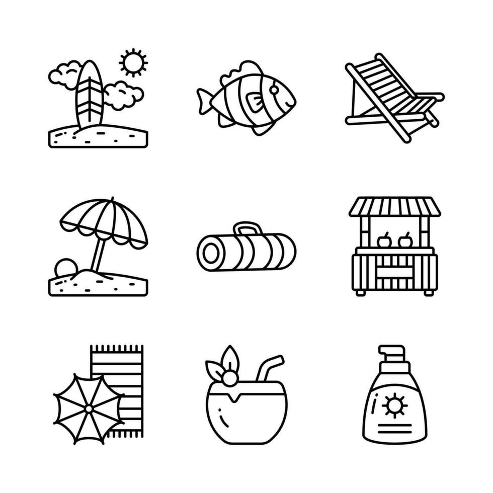 Embrace the warmth and relaxation of summer with a charming collection of icons that evoke beachside bliss vector