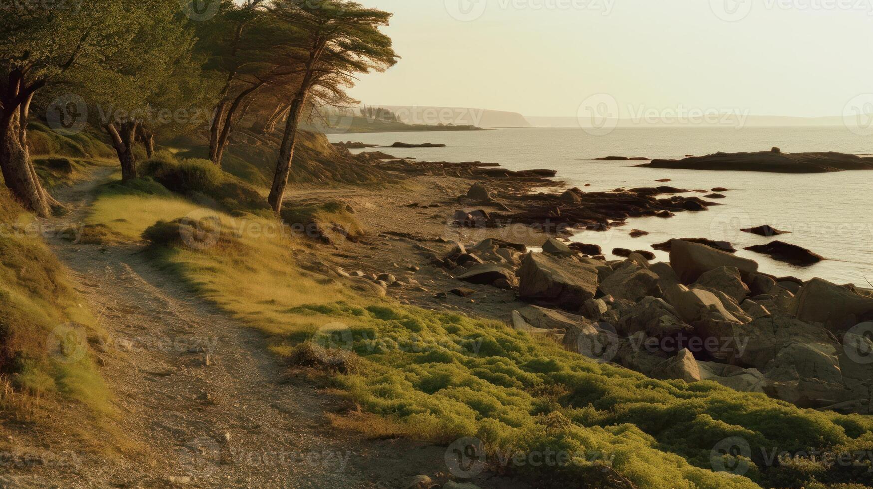 paisaje de un pacífico costa. naturaleza fotografía. ai generado foto