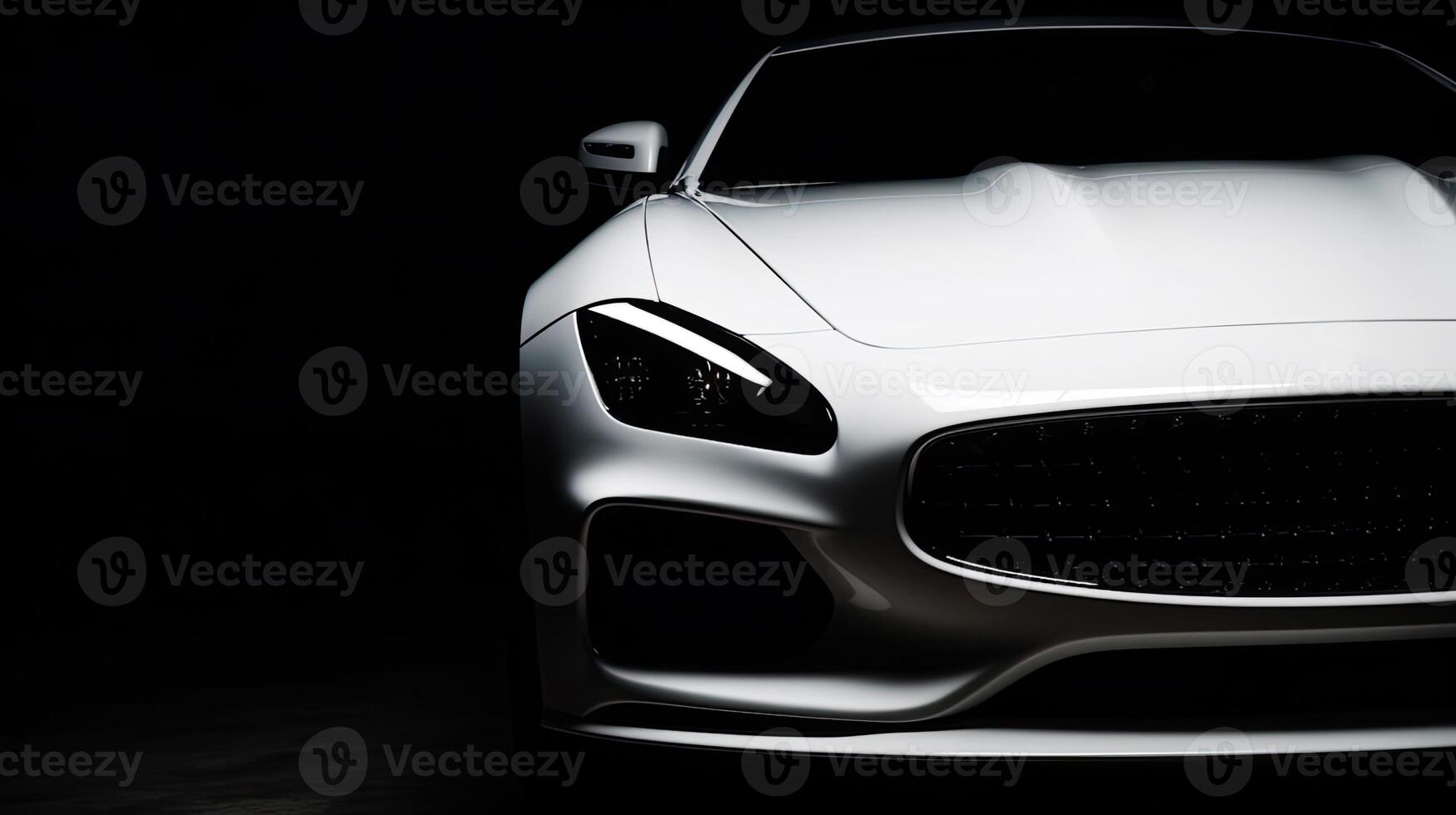 Close up white luxury car on black background with copy space. photo