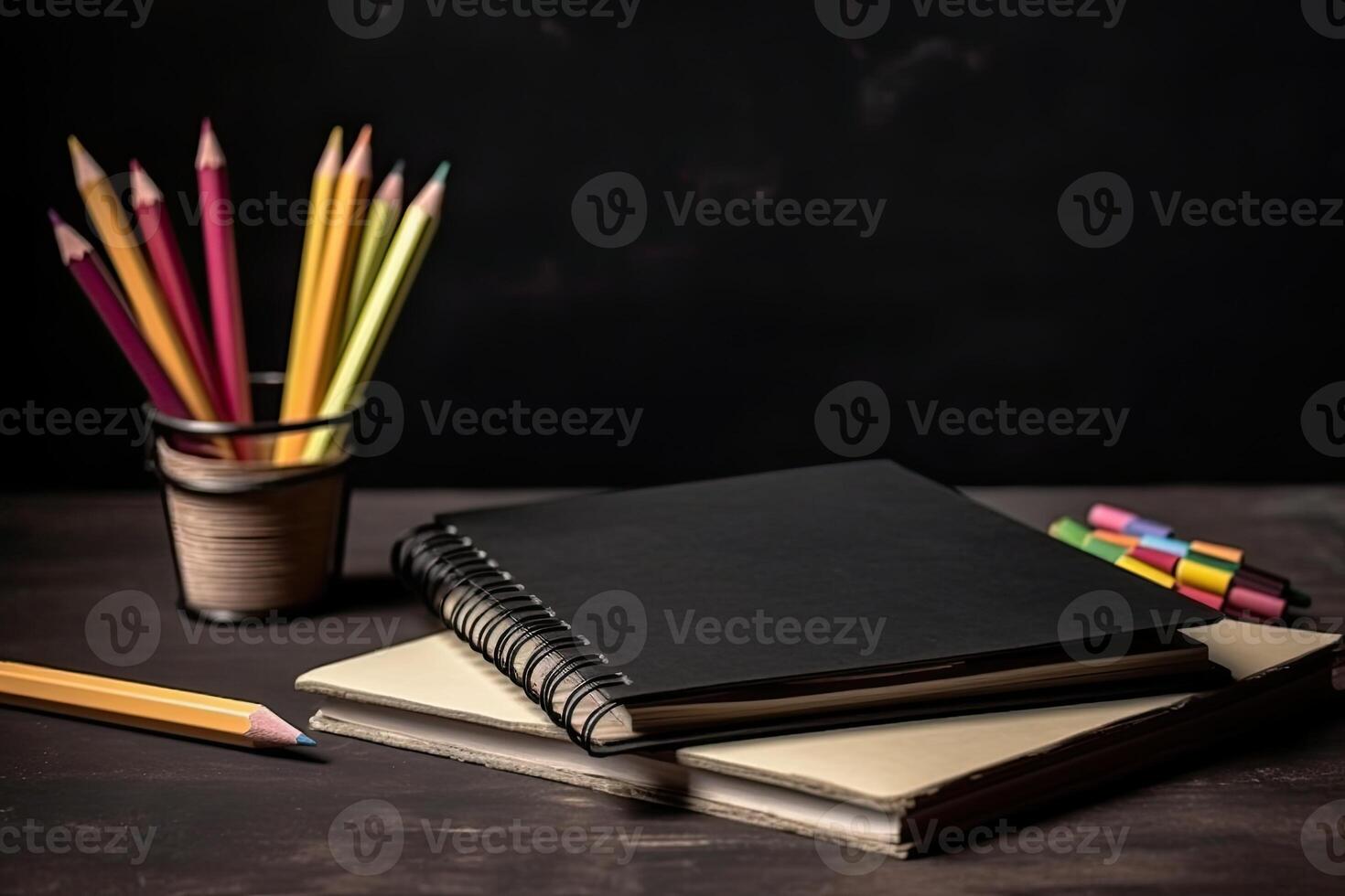 Close up of a blackboard with school supplies on a wooden desk. photo