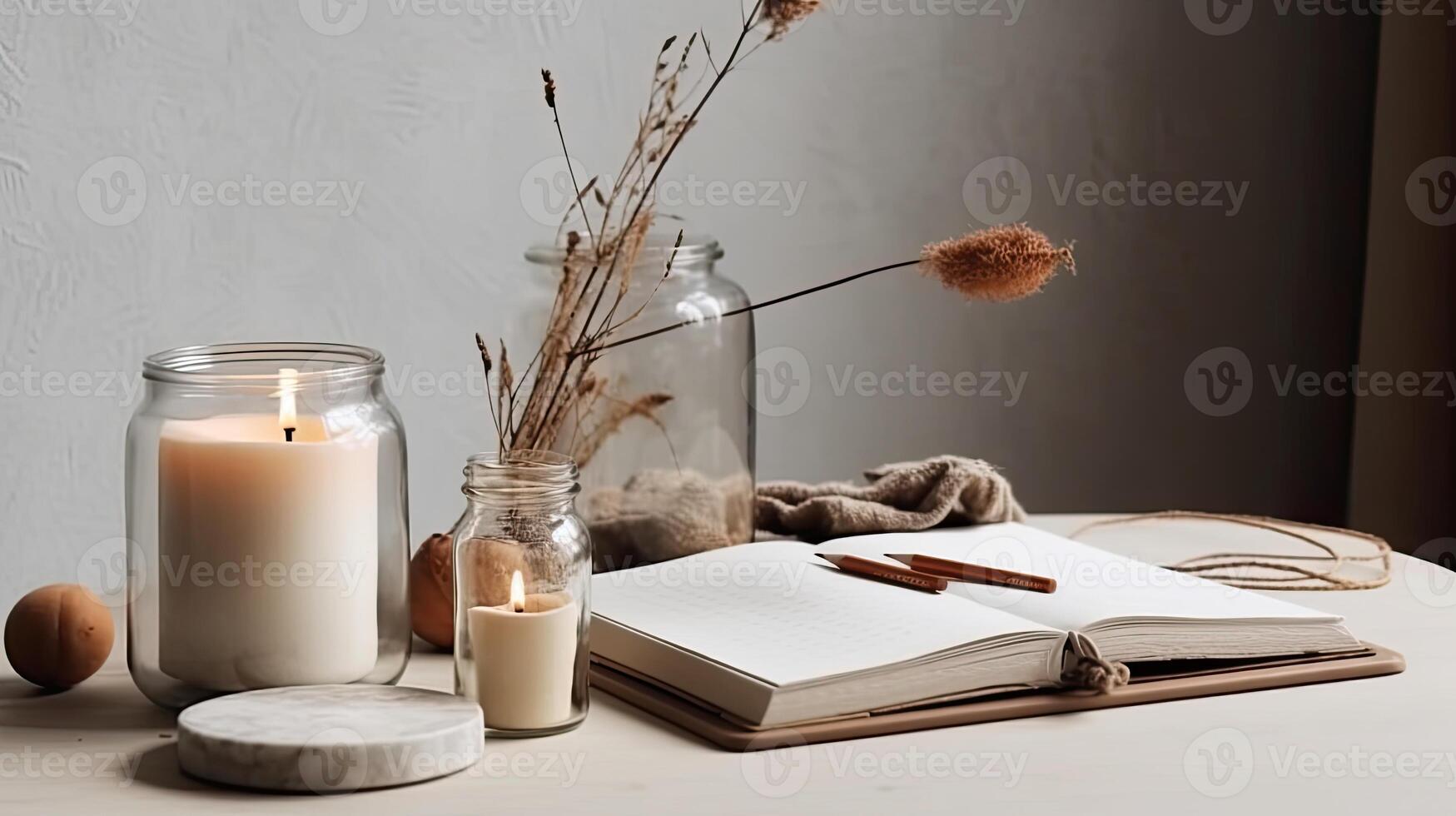 Stylish workplace with candles, books and accessories on table in room. photo