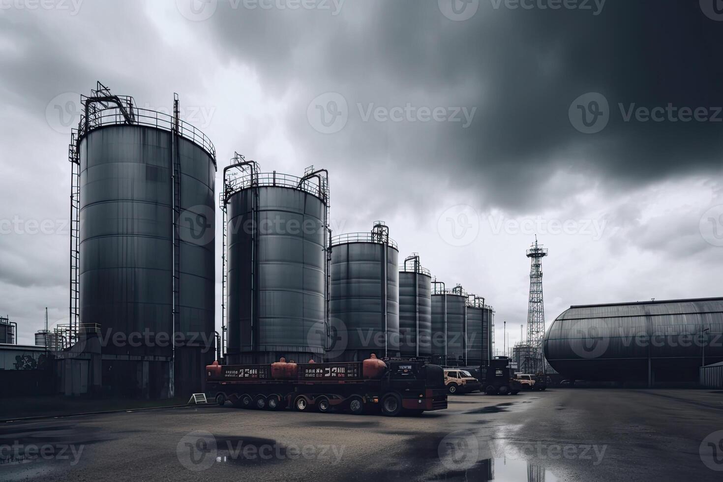 modern petrochemical plant with reactors and converters under heavy sky with copyspace. photo