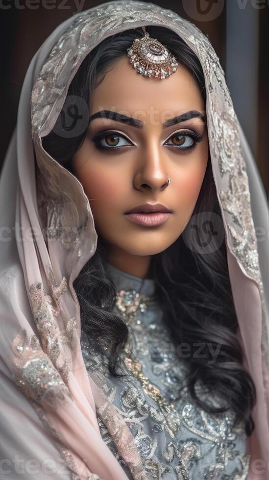 realista ver de muy atractivo joven islámico indio mujer vistiendo hijab y mangtika. generativo ai ilustración. foto