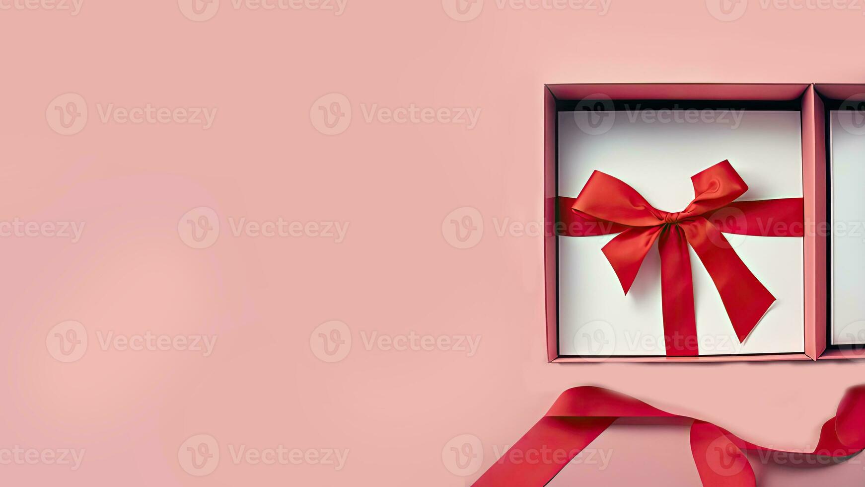 3D Render of Open Gift Box With Red Silk Ribbon Against Pastel Pink Background And Copy Space. photo