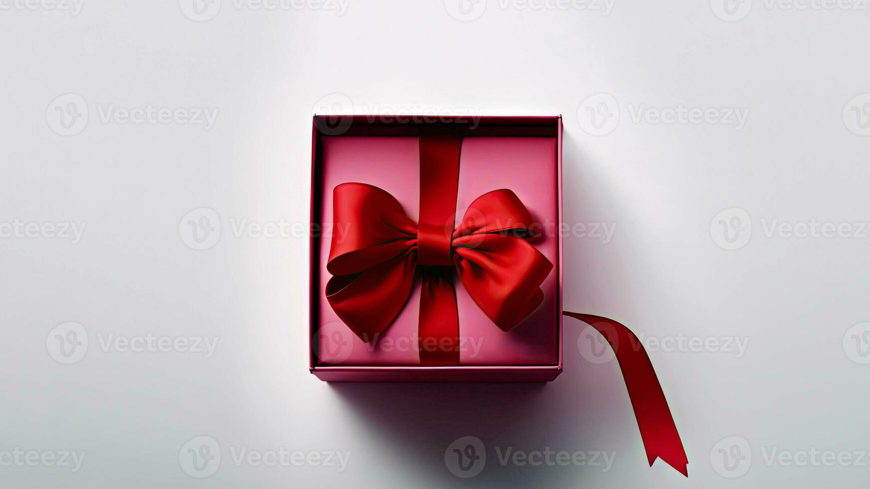 3D Render of Gift Box With Red Silk Ribbon And Copy Space. photo