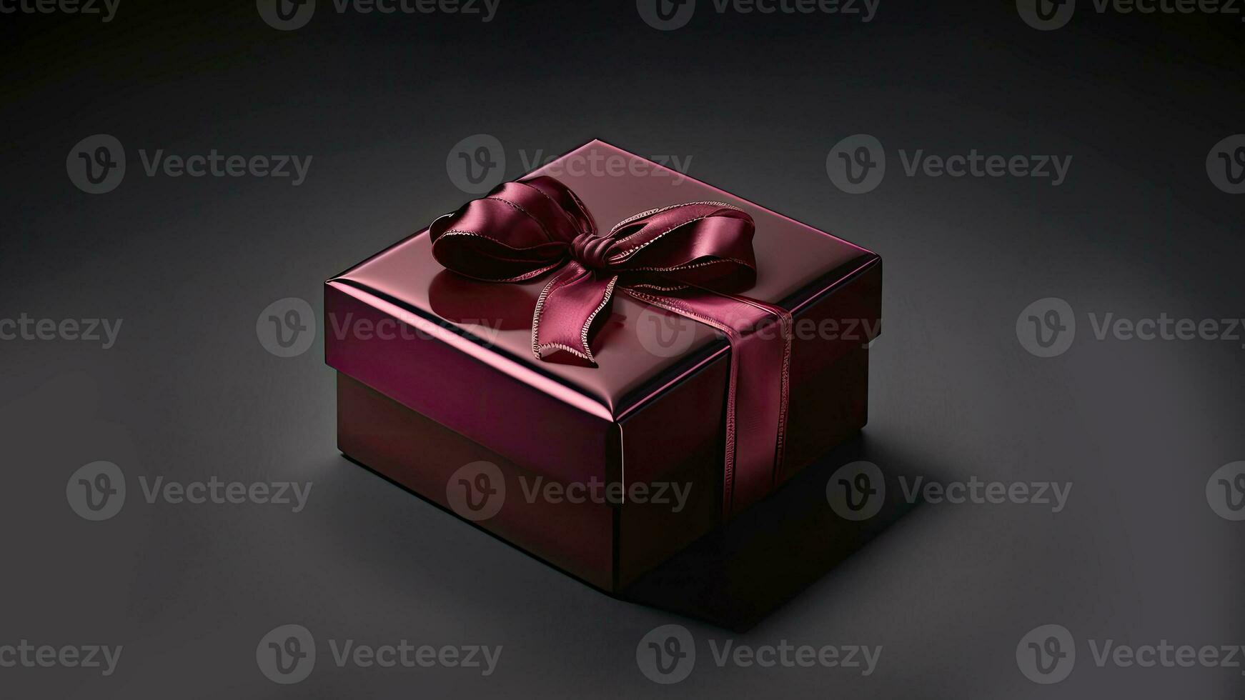 3D Render of Shiny Matte Red Gift Box With Silk Bow Ribbon On Black Background And Copy Space. photo