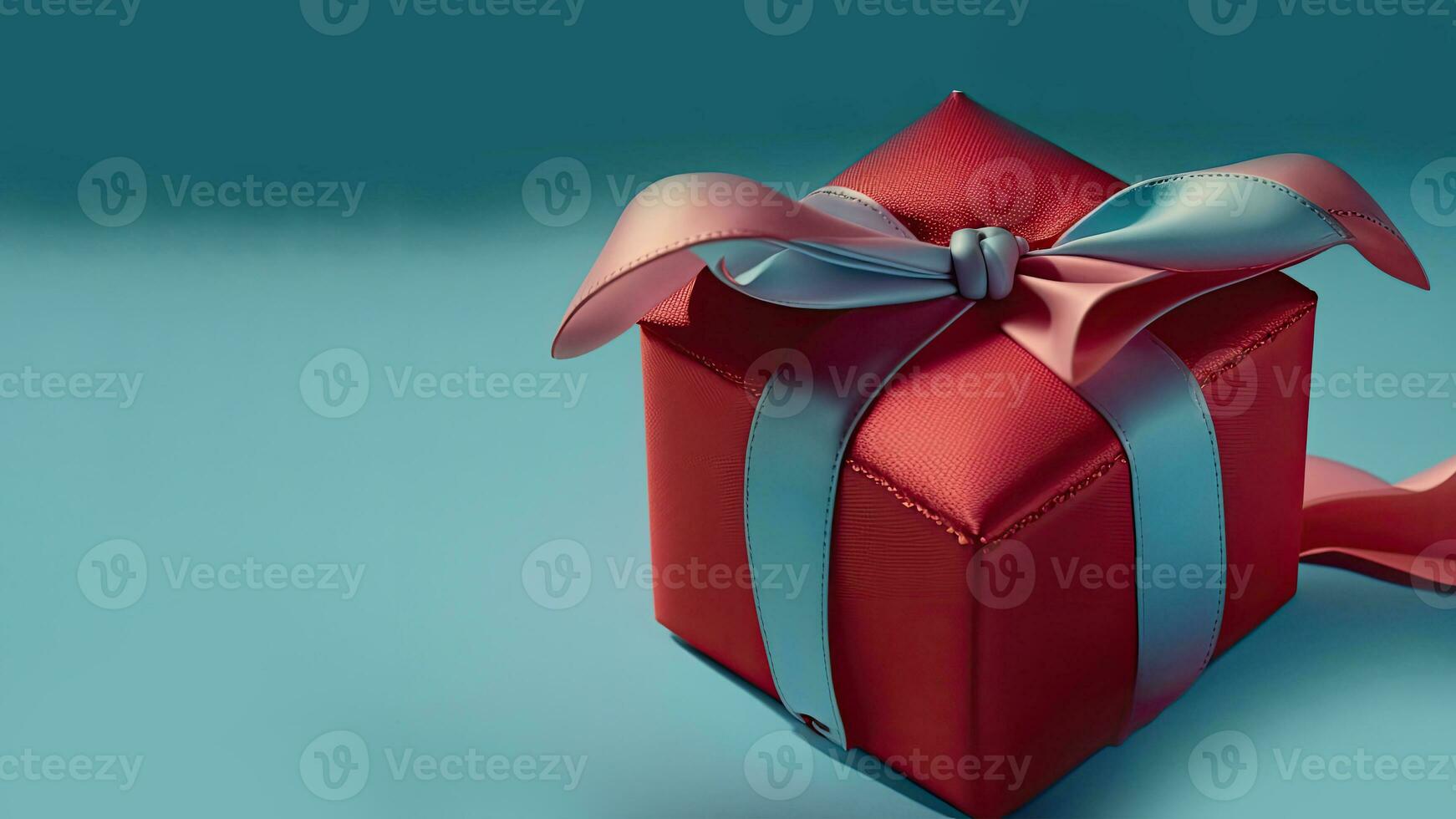 3D Render of Matte Red Gift Box With Silk Bow Ribbon On Turquoise Background and Copy Space. photo