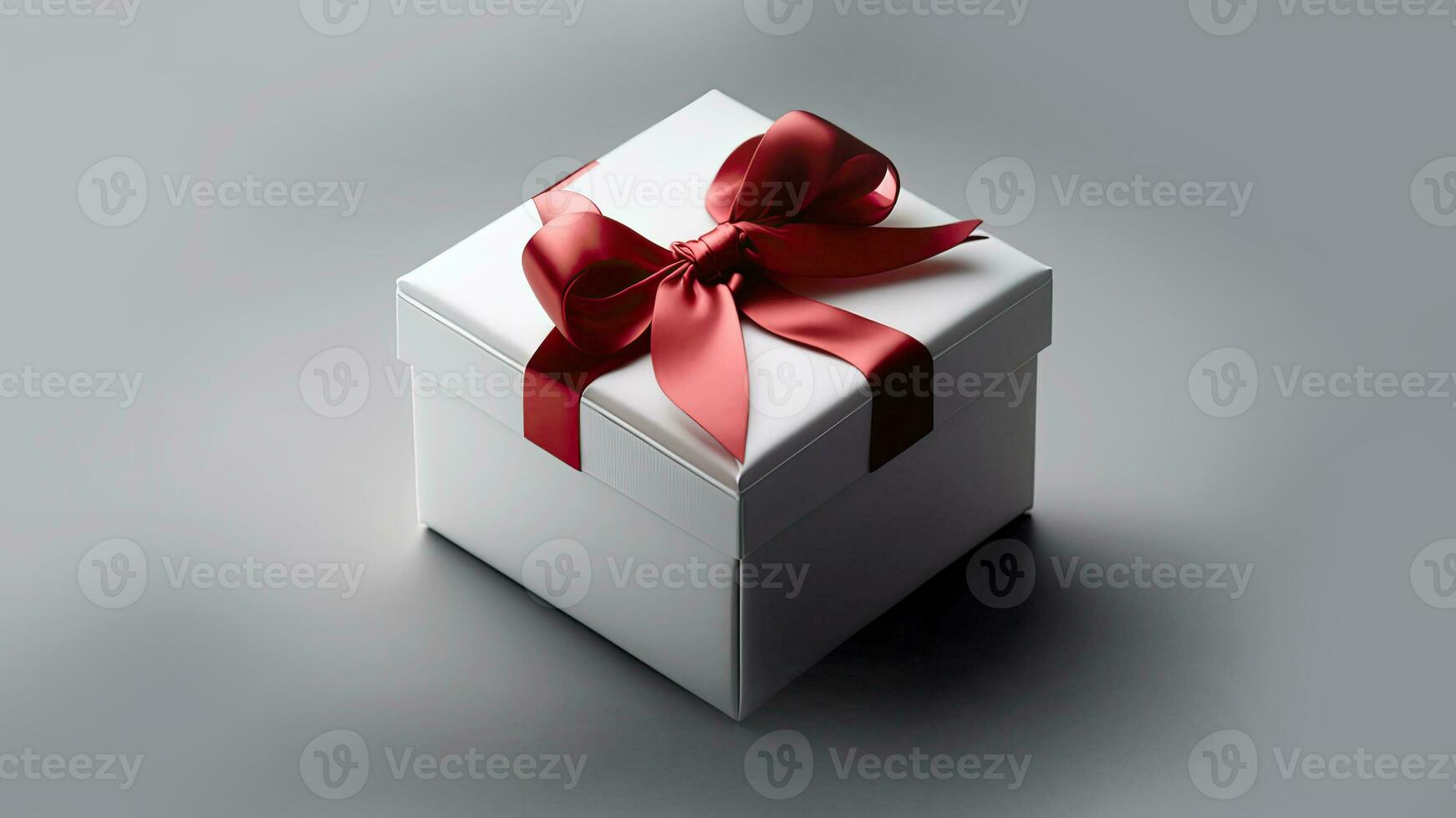 3D Render of Grey Gift Box With Red Silk Bow Ribbon And Copy Space. photo