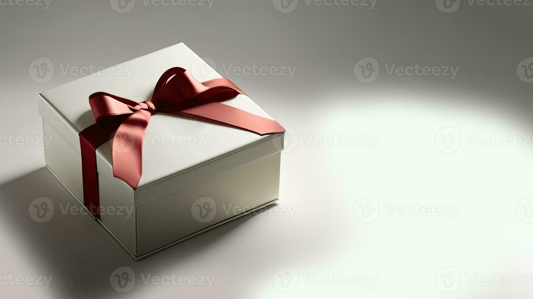 3D Render of Grey Gift Box With Red Silk Bow Ribbon And Copy Space. photo