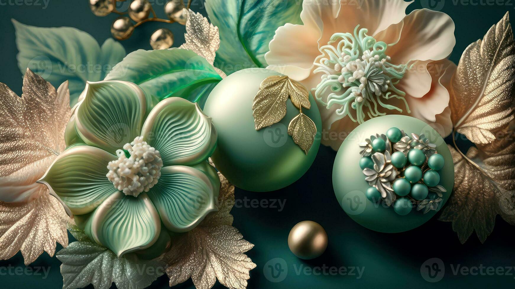 Luxury Top View 3d Wallpaper, Photography Jewellery, Colorful Flowers. Clay Modeling, AI-Generative, Digital Illustrations. photo