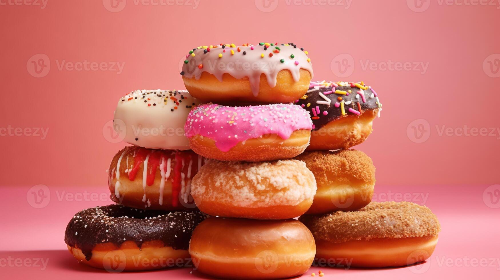 Stack of assorted donuts. Sweet doughnut background. photo