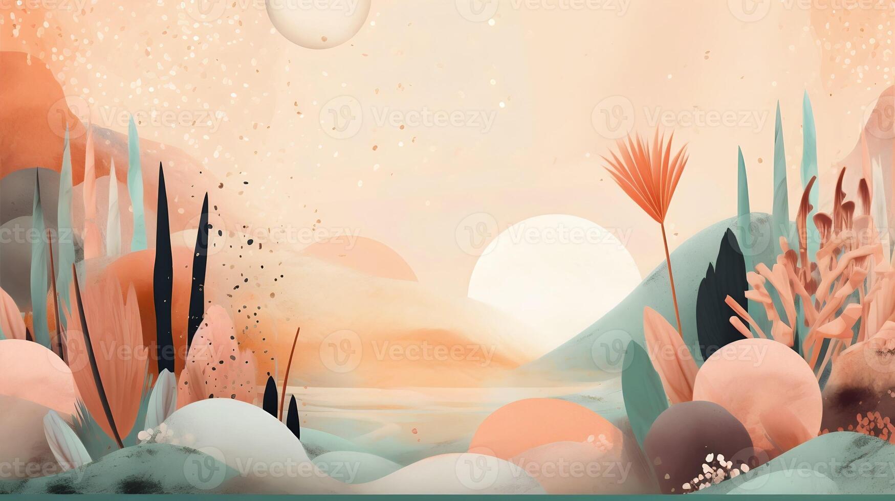 Boho Abstract Background with Florals Shapes, Bohemian Aesthetic Flowers Banner, photo