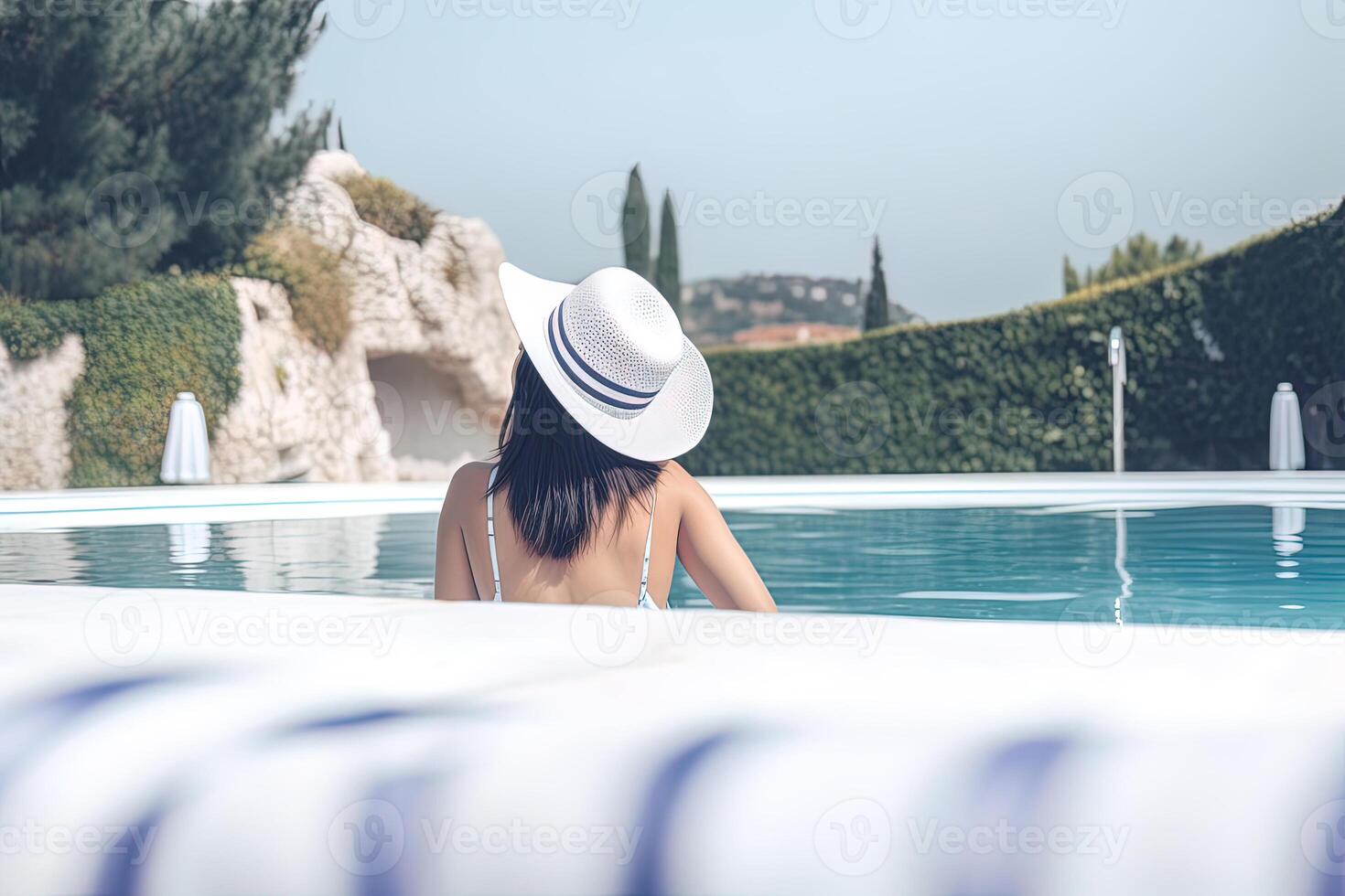 beautiful young woman in a hat relaxing in a swimming pool. photo