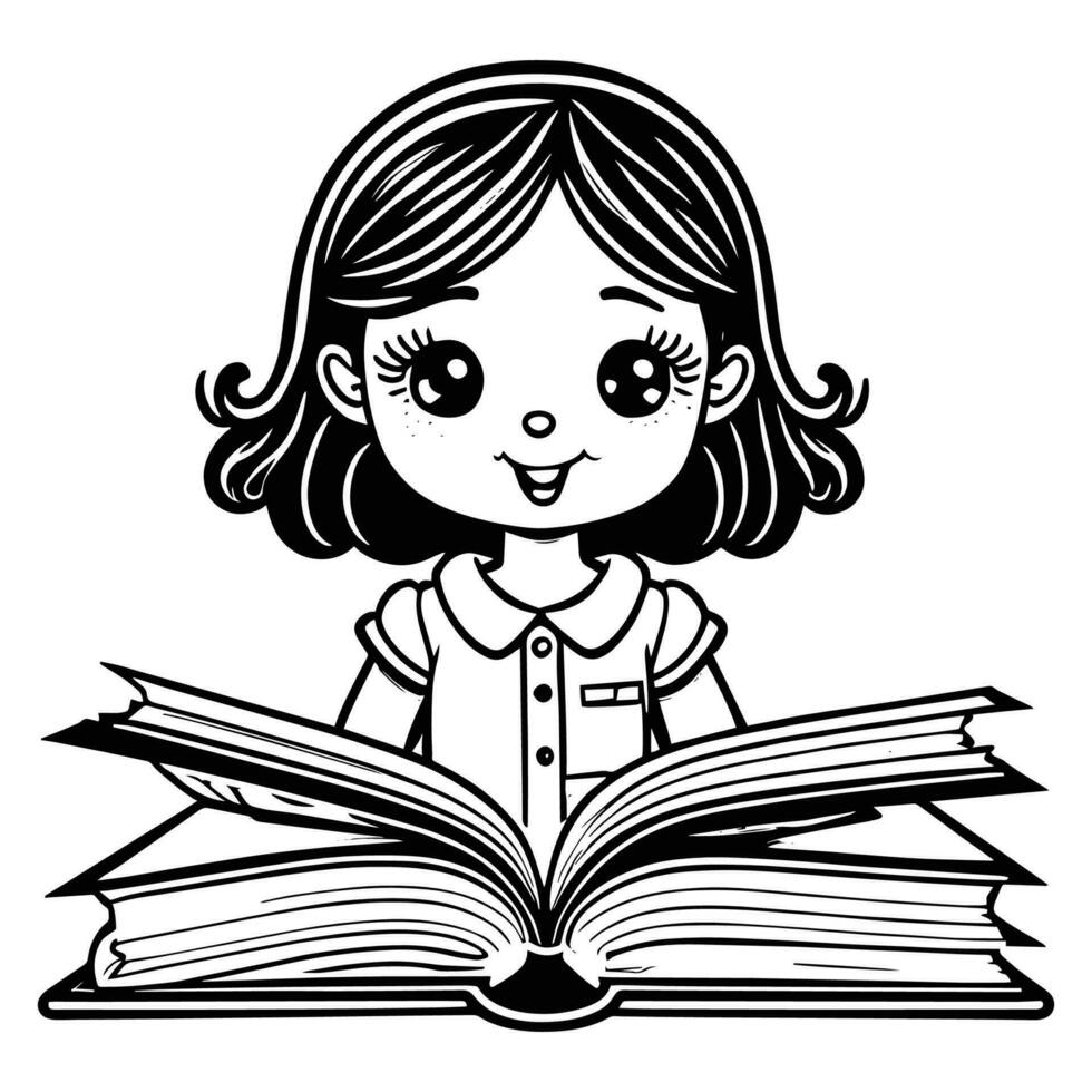 Child  reading book line art illustration vector