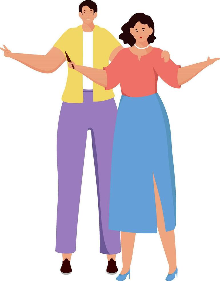 Party Wear Cool Couple Stand With Girl Holding Knife Flat Vector. vector