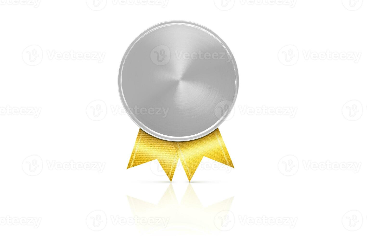 Silver medal with golden ribbon. Soft shadow. Isolated on white background. photo