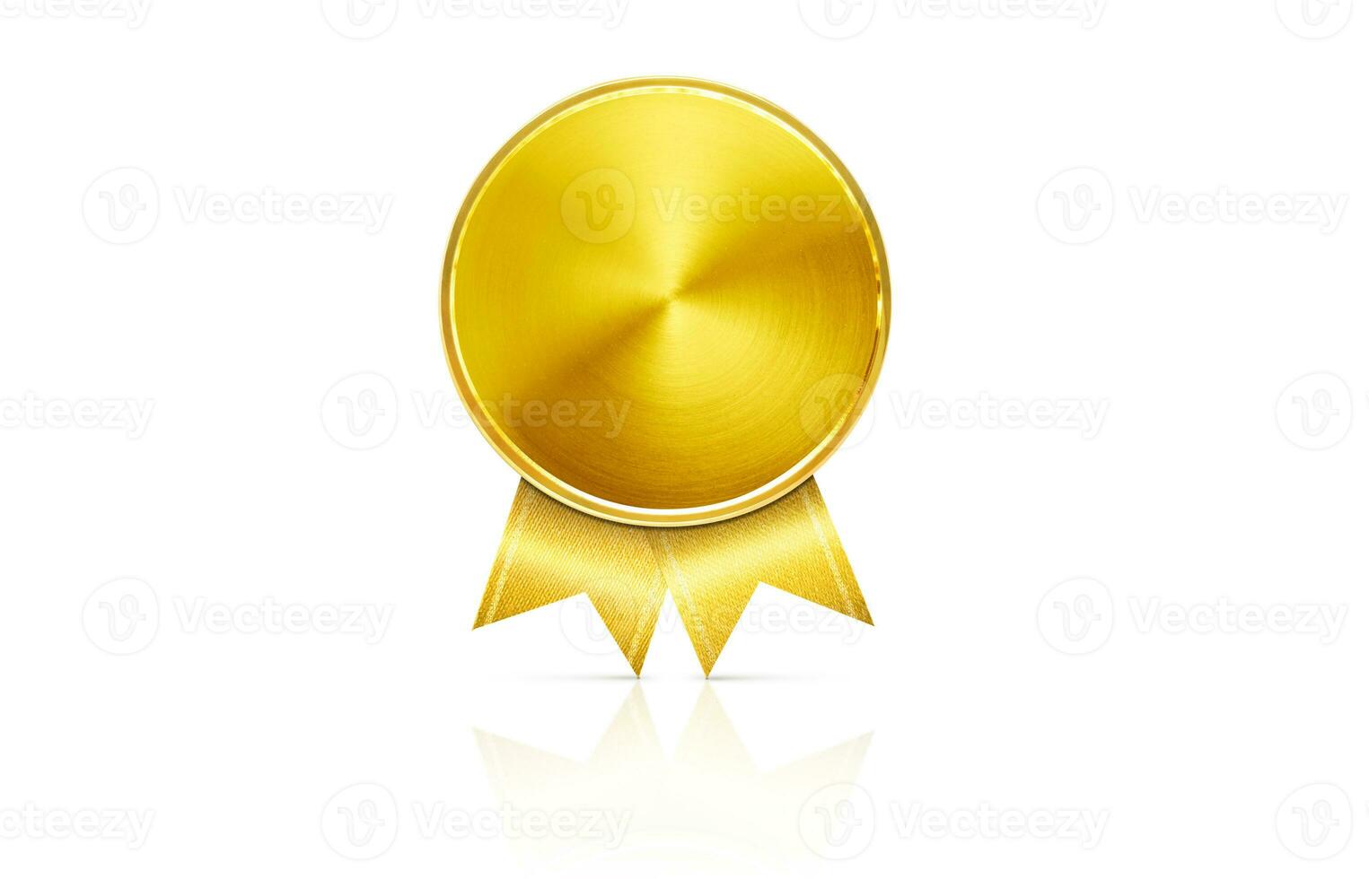 Gold medal with golden ribbon, faint shadow, isolated on white background. photo