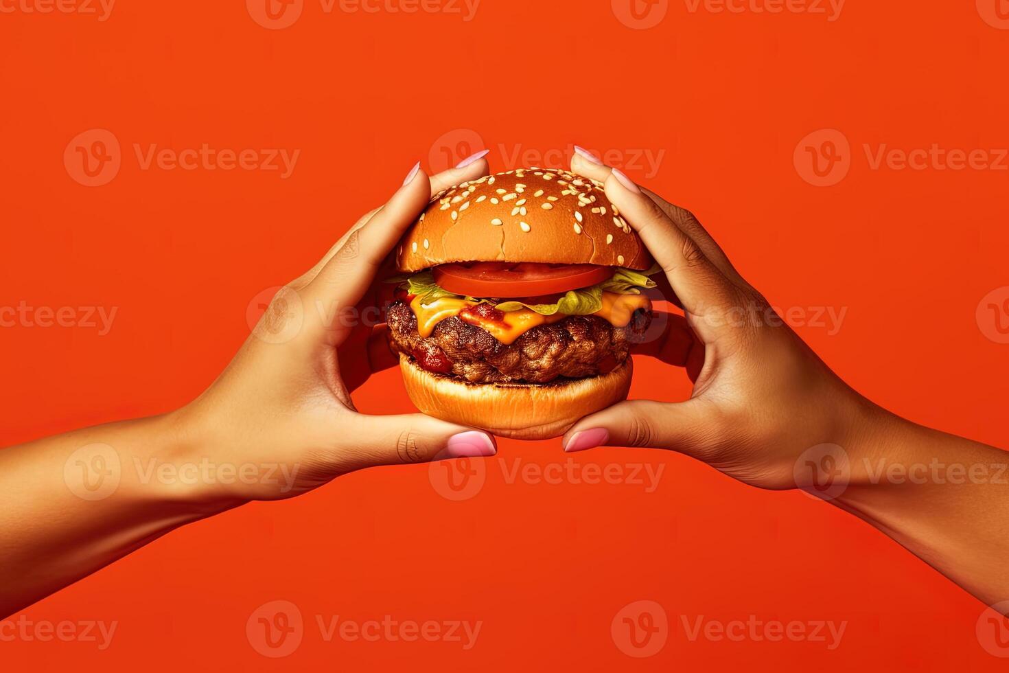 manos participación un hamburguesa aislado en naranja antecedentes. ai generado foto
