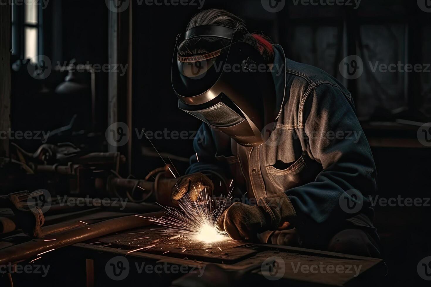 Industrial worker with protective mask welding steel structure in a factory. photo