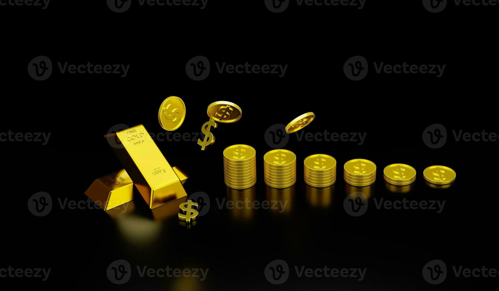 3d rendering Gold bars and dollar signs on black background concept forex trading in the investment of investors photo