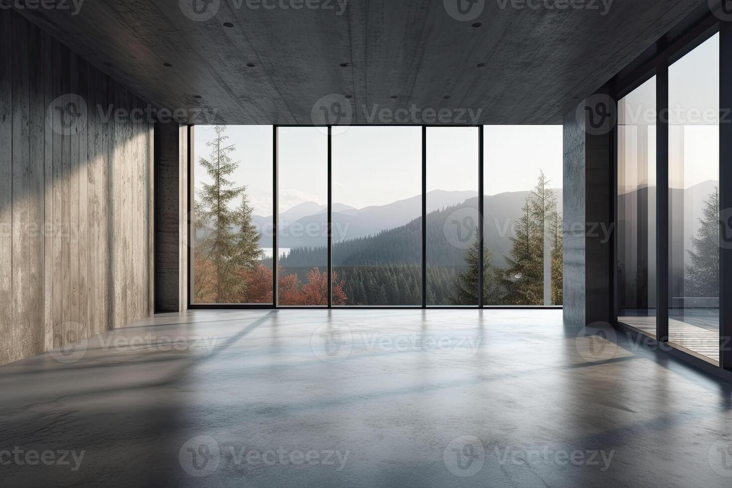 Interior of modern loft with concrete floor and panoramic windows. photo