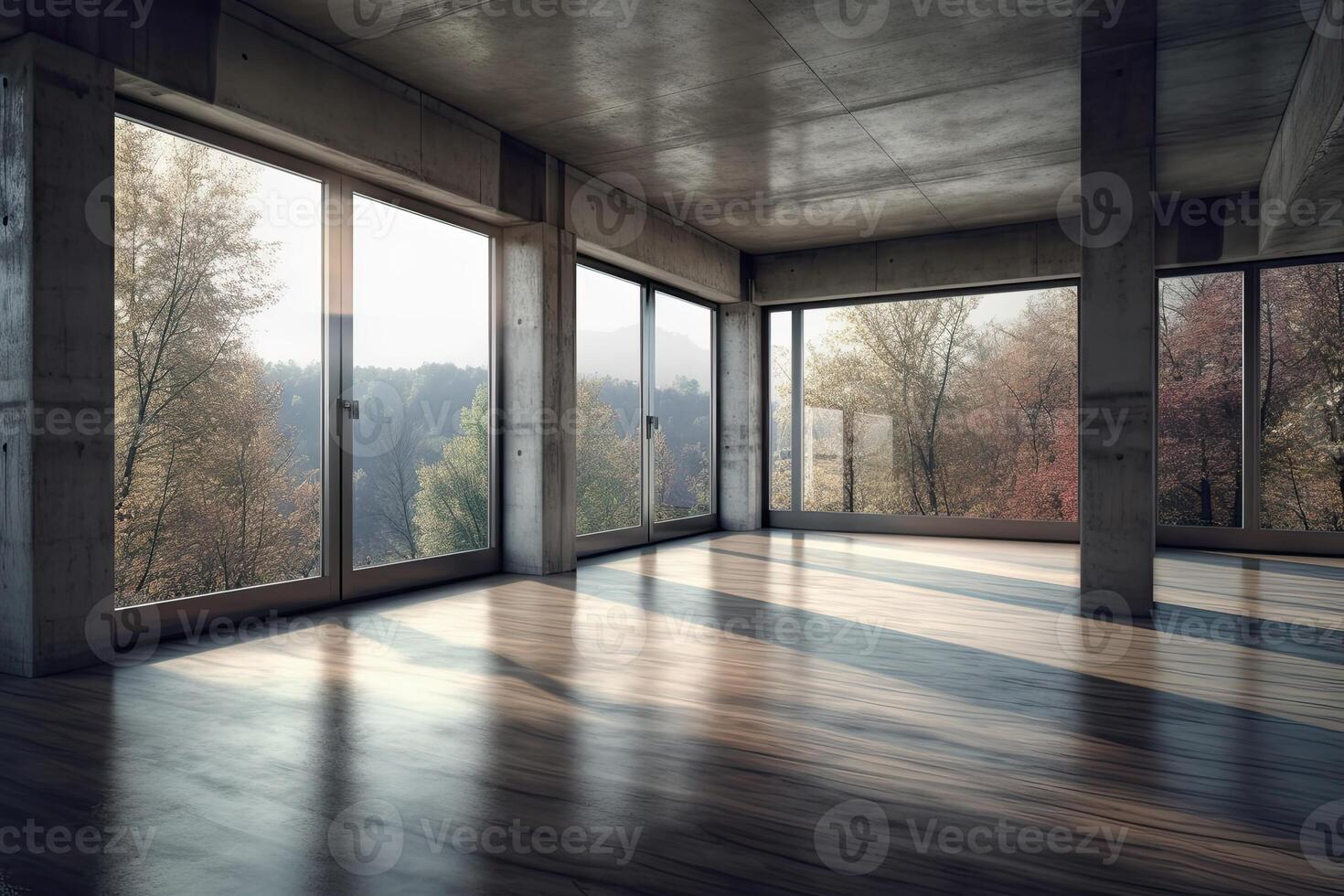 Interior of modern loft with concrete floor and panoramic windows. photo