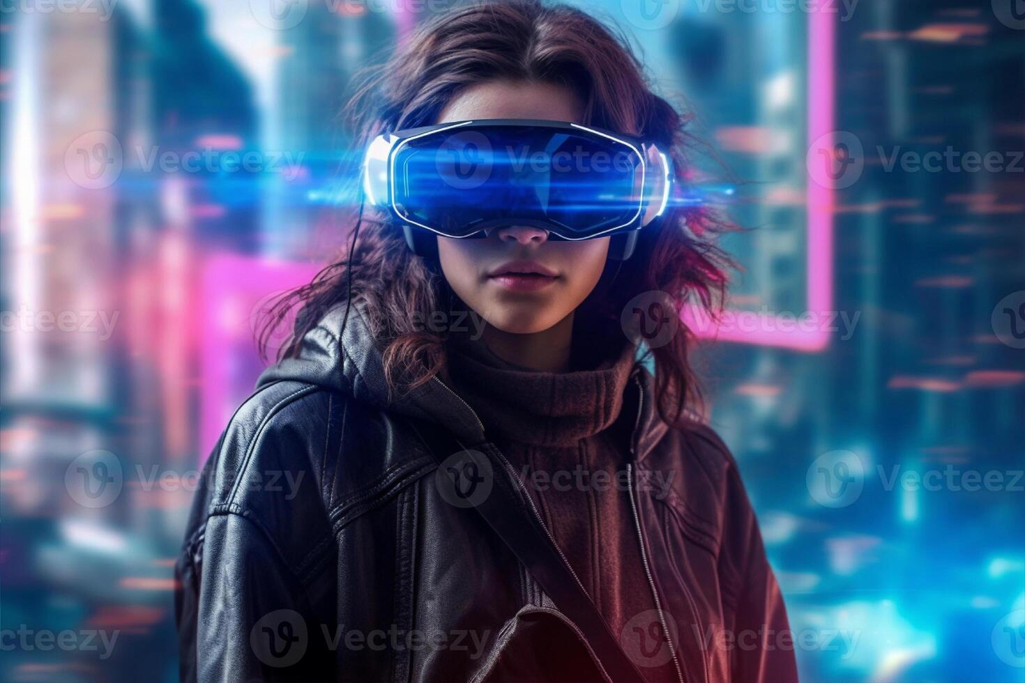 A woman wearing a vr headset in front of a cityscape, photo