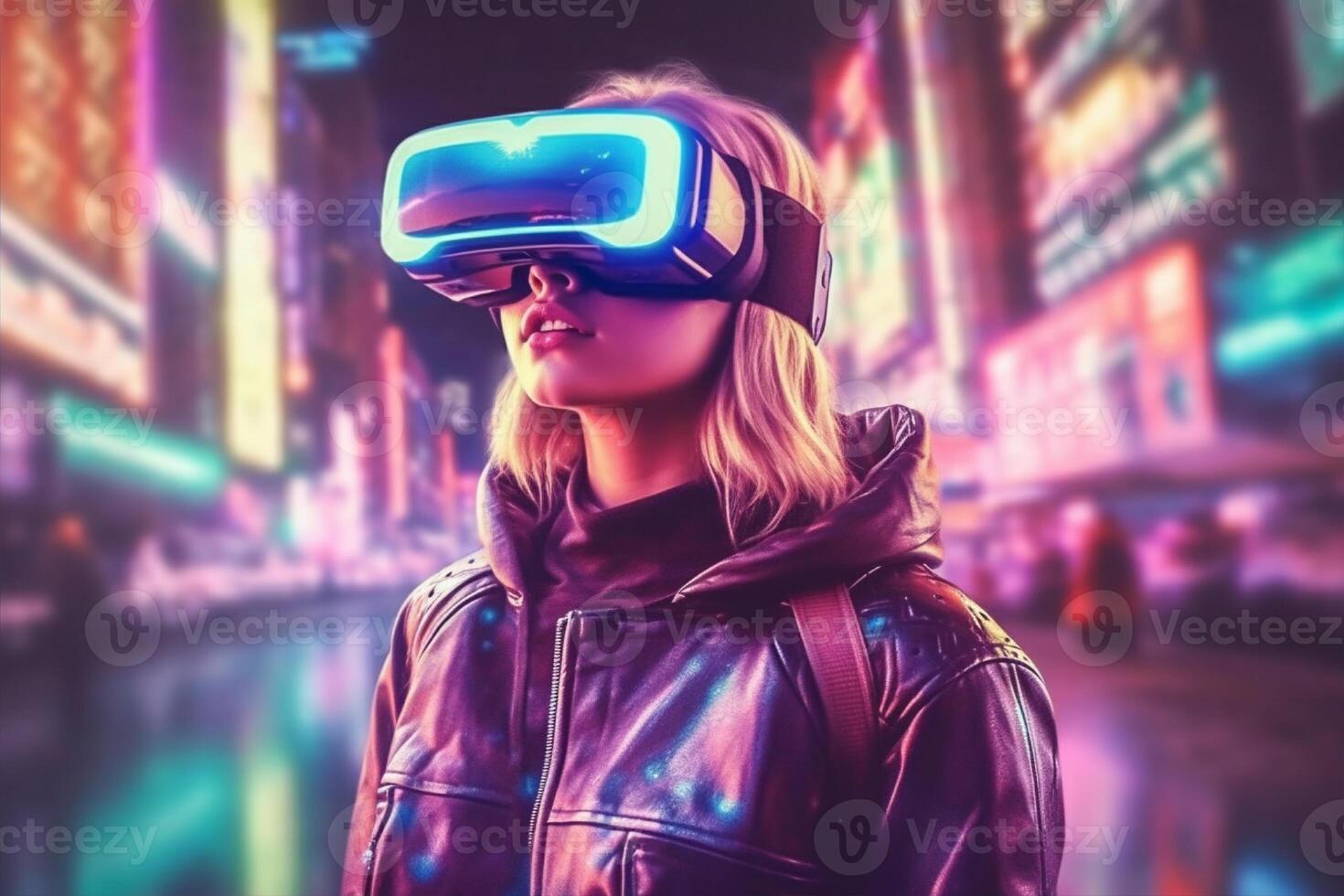 A woman wearing a vr headset in front of a cityscape, photo