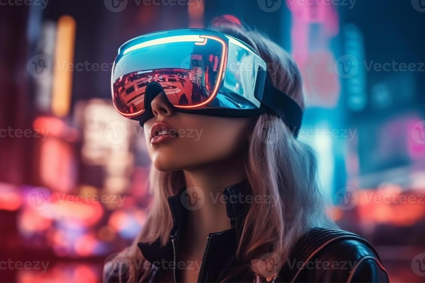 A woman wearing a vr headset in front of a cityscape, photo