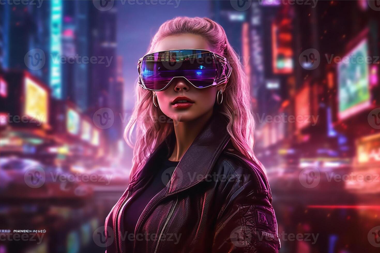 A woman wearing a vr headset in front of a cityscape, photo