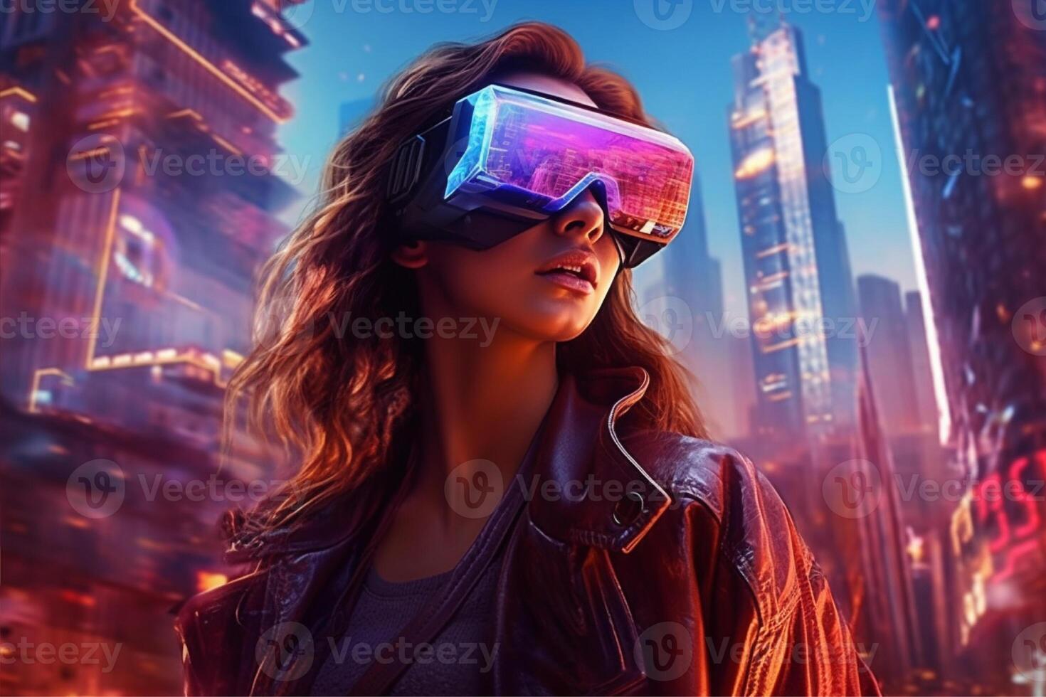A woman wearing a vr headset in front of a cityscape, photo