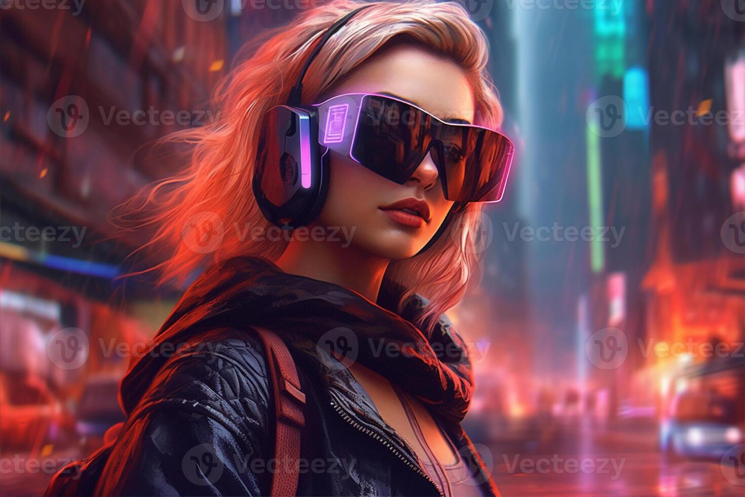 A woman wearing a vr headset in front of a cityscape, photo