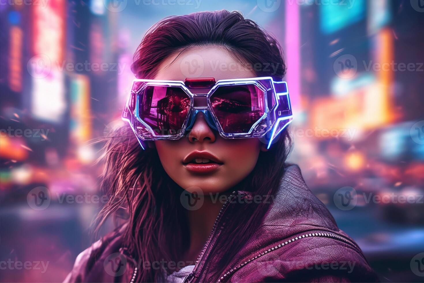 A woman wearing a vr headset in front of a cityscape, photo