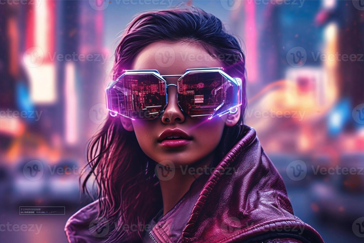 A woman wearing a vr headset in front of a cityscape, photo