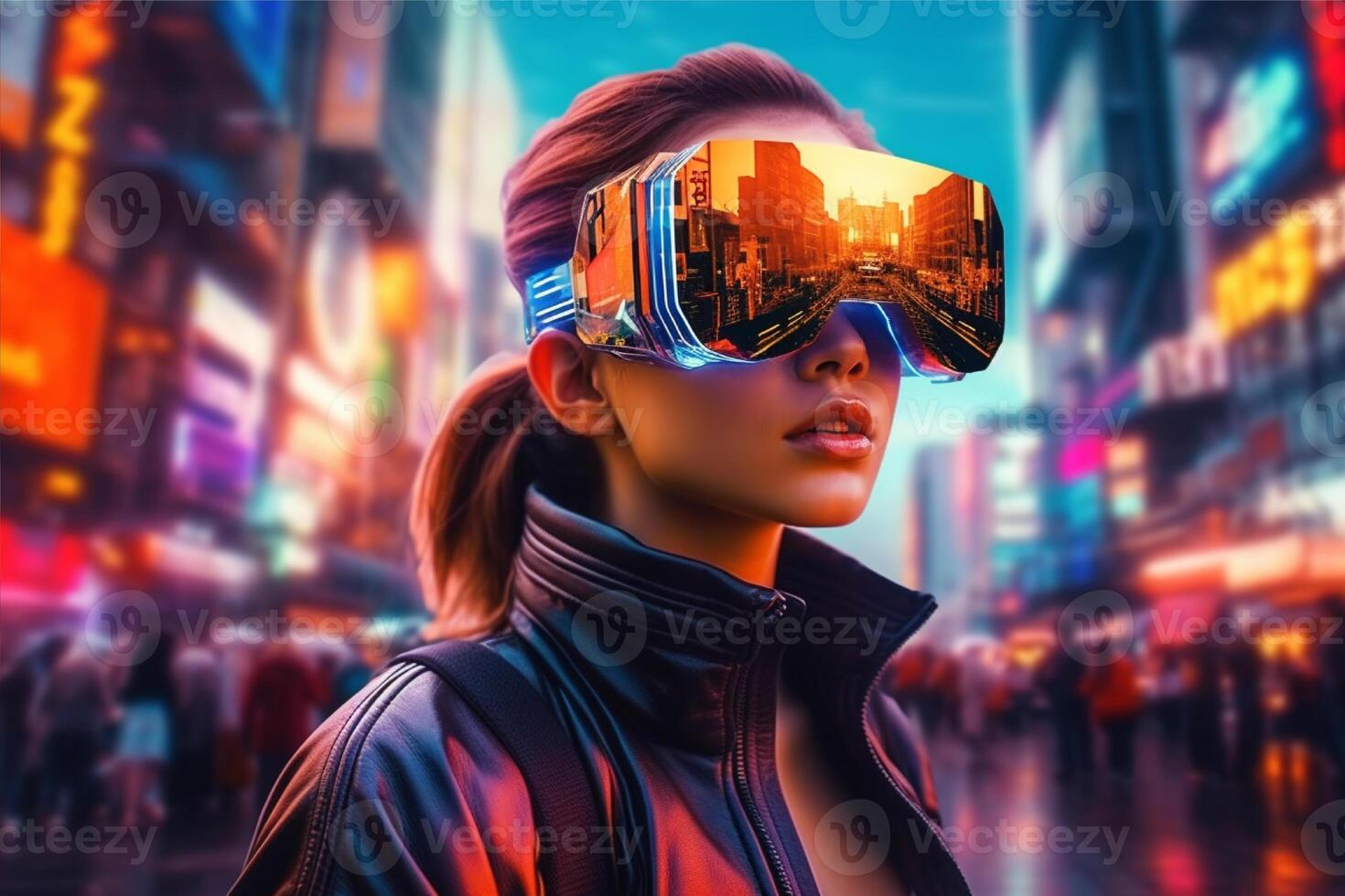 A woman wearing a vr headset in front of a cityscape, photo