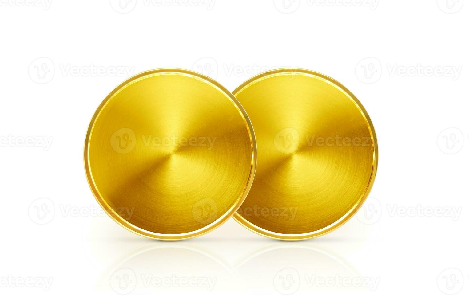 two gold coins front view laying on white background photo