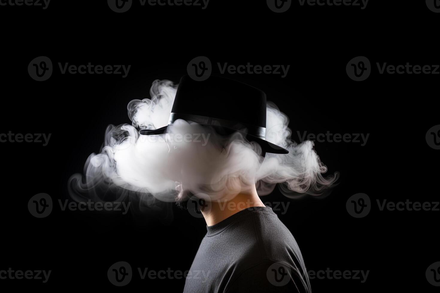 Smoke enveloped a man wearing a hat. Portrait of stylish man with smoke on dark background. photo