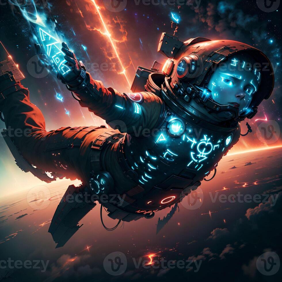 astronauta volador en espacio con brillante runas ai generado foto