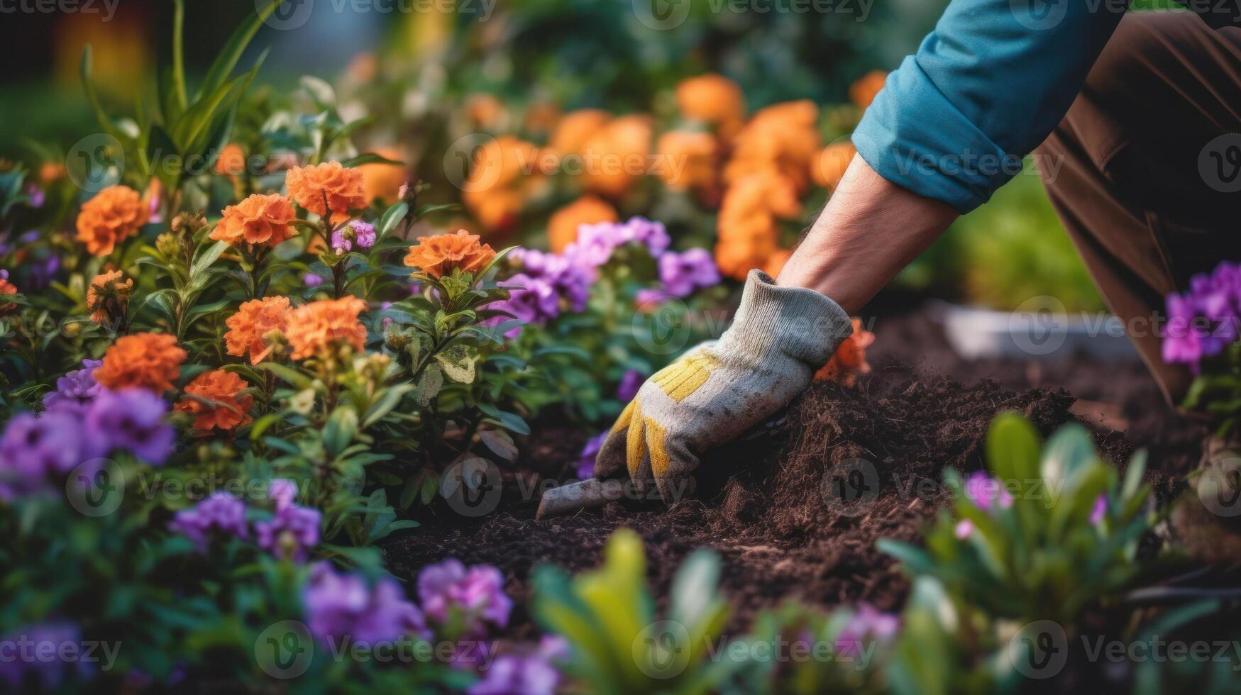 persona cosecha flores desde el jardín. ai generado foto