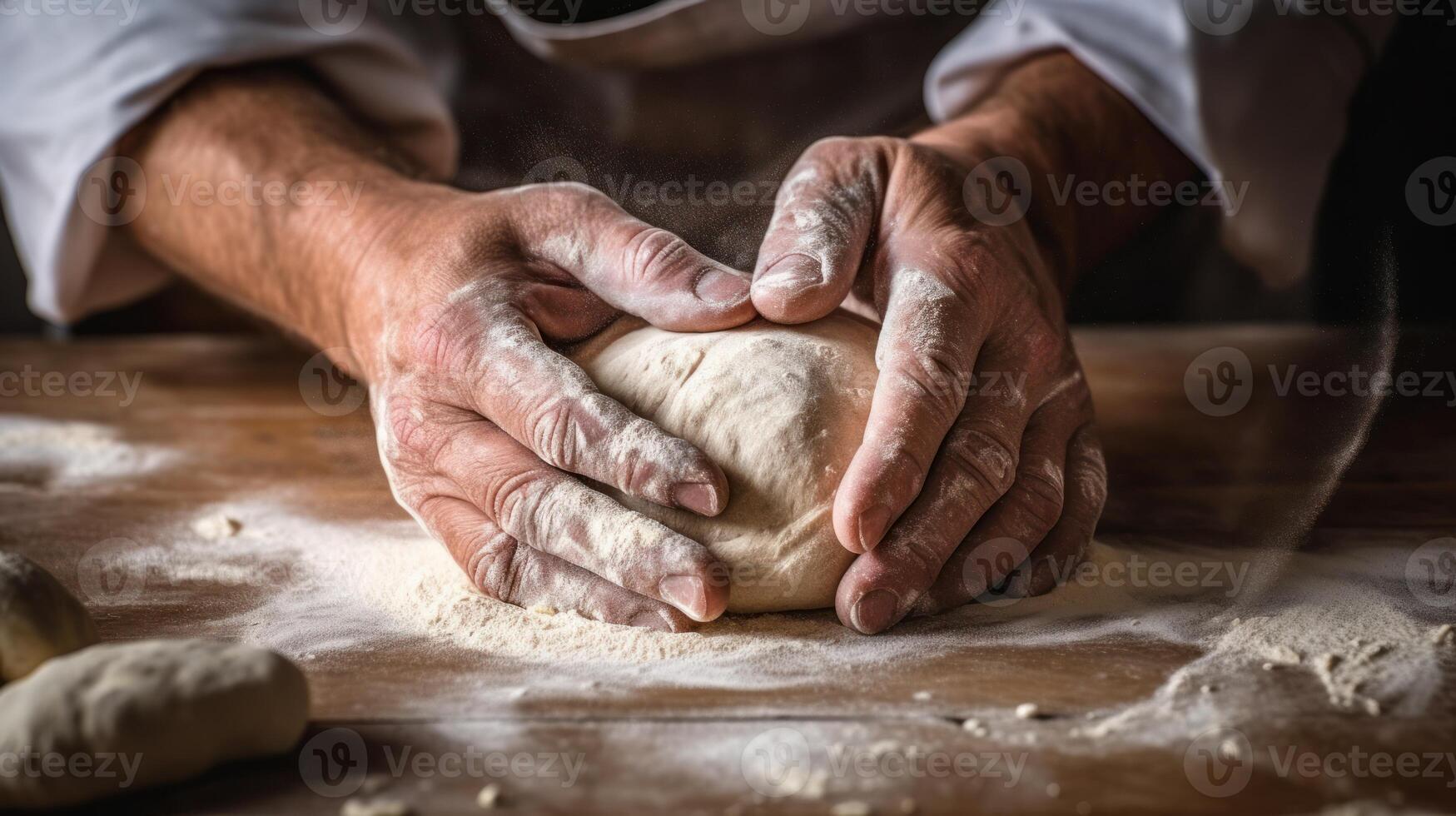 A person's hands kneading dough on a flour-dusted countertop while preparing homemade bread or pastry. photo