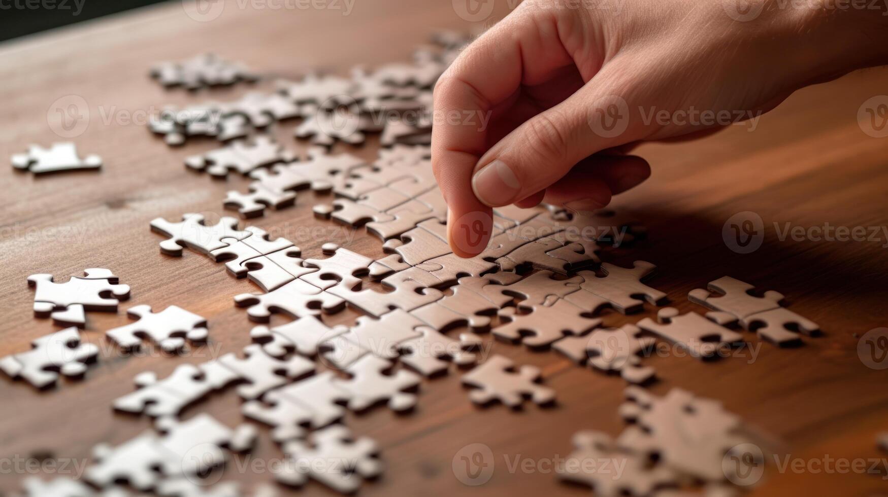 A person's hands assembling a jigsaw puzzle, with puzzle pieces scattered on a table. photo