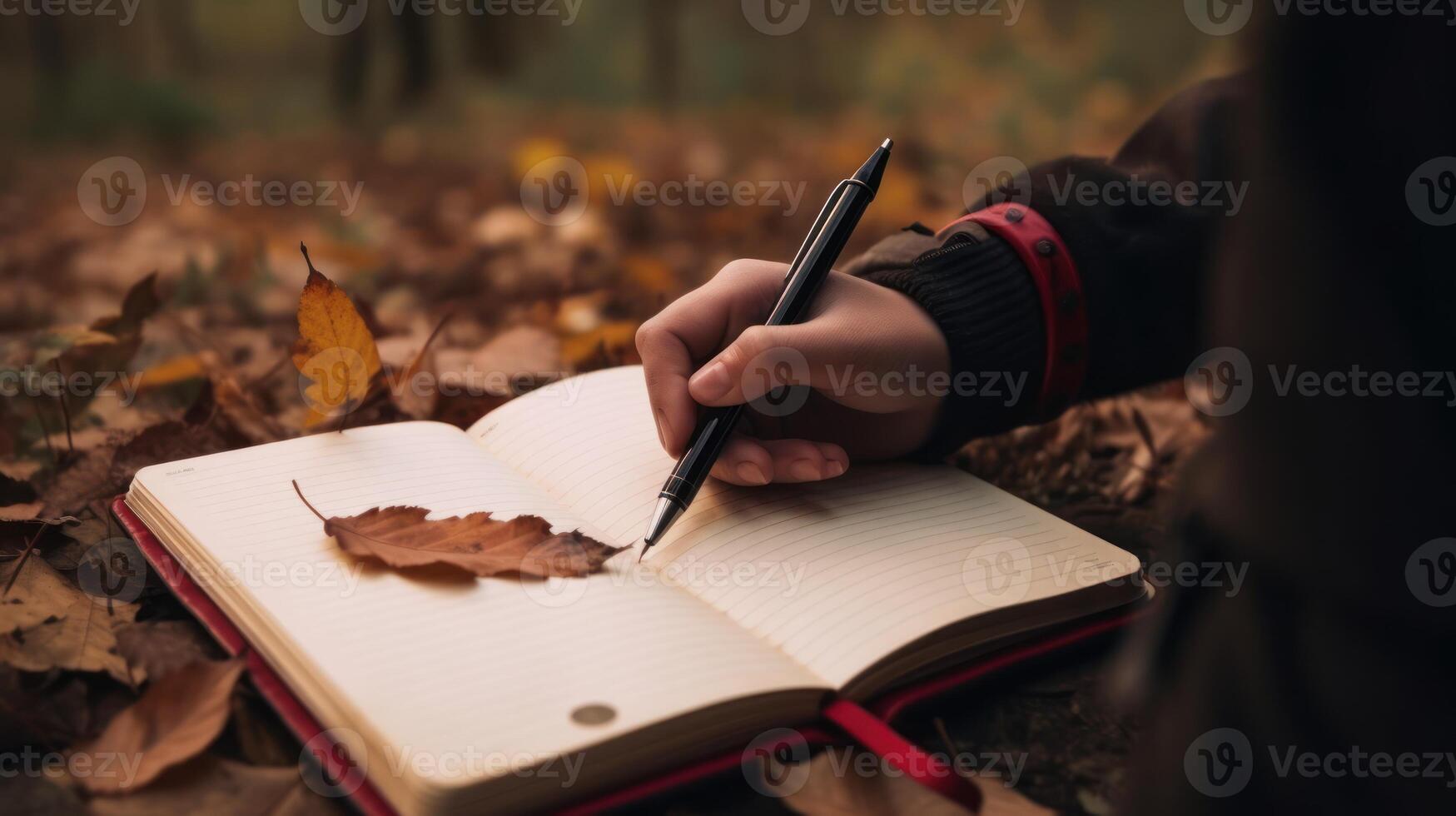 un persona escritura en un cuaderno o diario con un bolígrafo, capturar su pensamientos o ideas en un tranquilo ajuste. ai generado foto