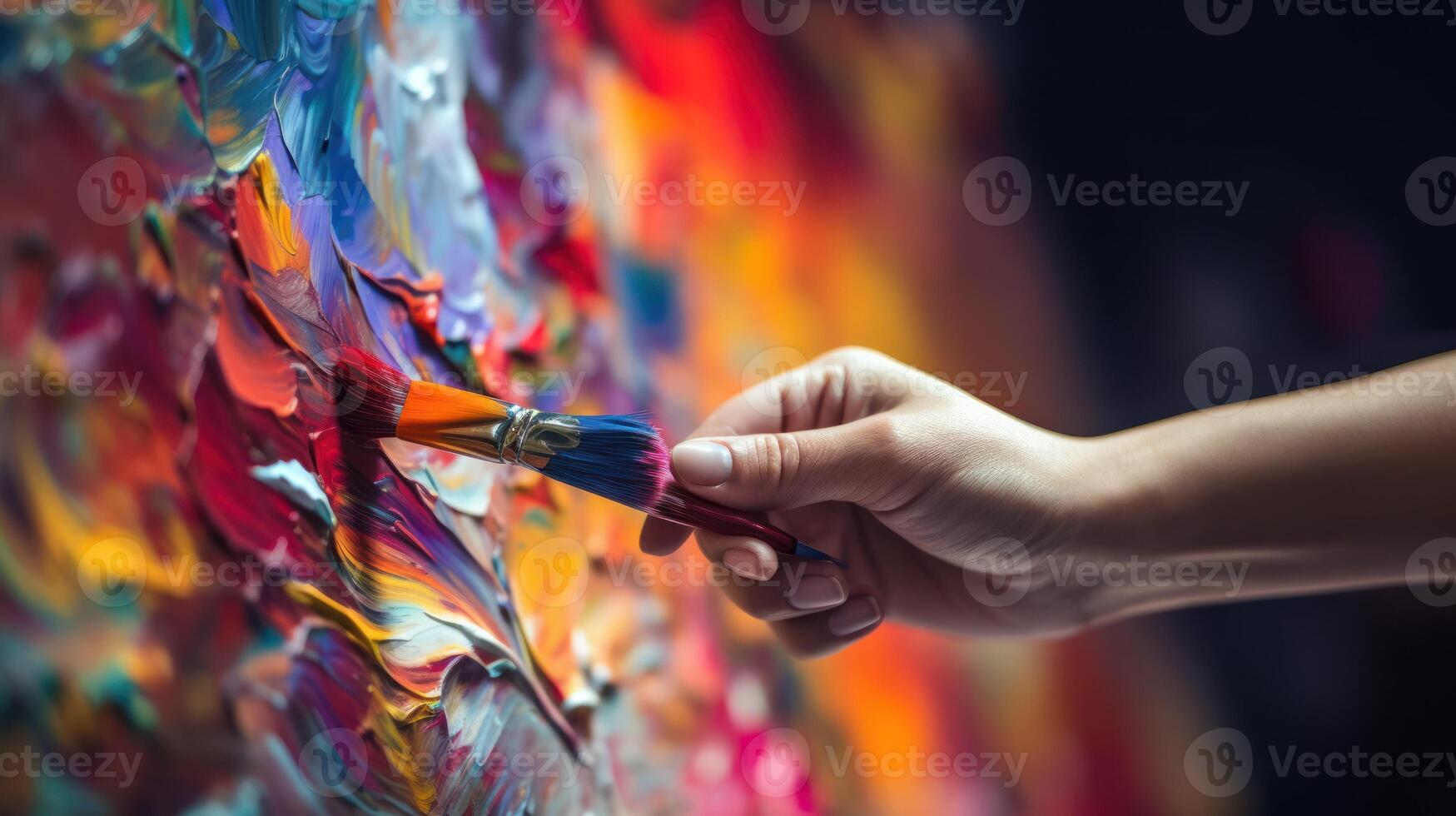 A close-up shot of a hand holding a paintbrush and creating colorful strokes on a canvas, showcasing artistic expression. photo