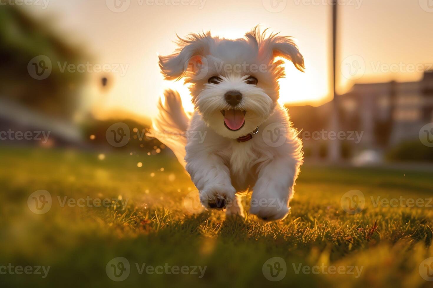 Maltese Dog Running on the Grass in the Morning Nature, photo