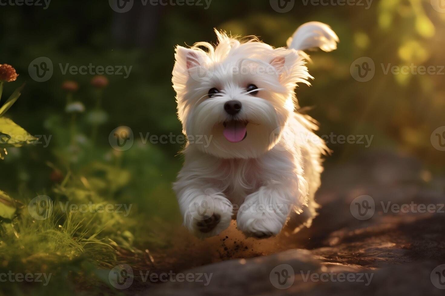 maltés perro corriendo en el césped en el Mañana naturaleza, generativo ai foto