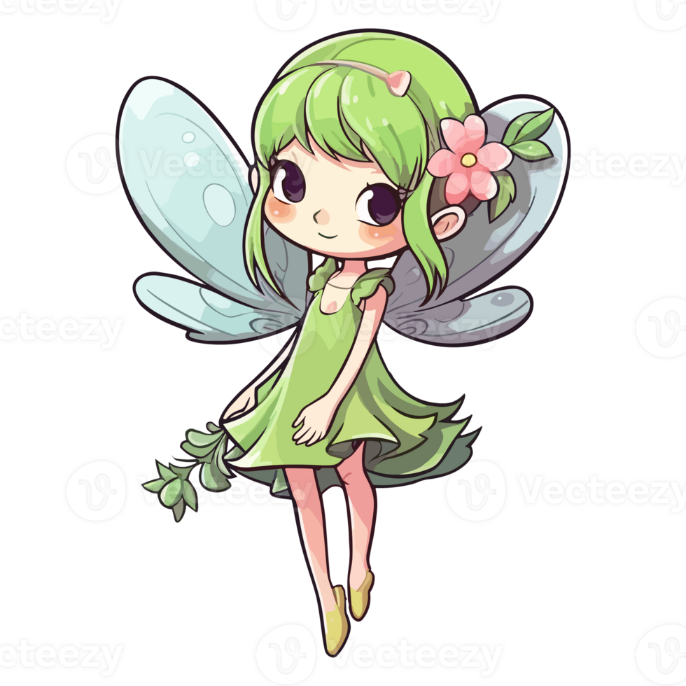 une dessin animé de une Fée avec vert ailes et une fleur sur sa tête ai génératif png