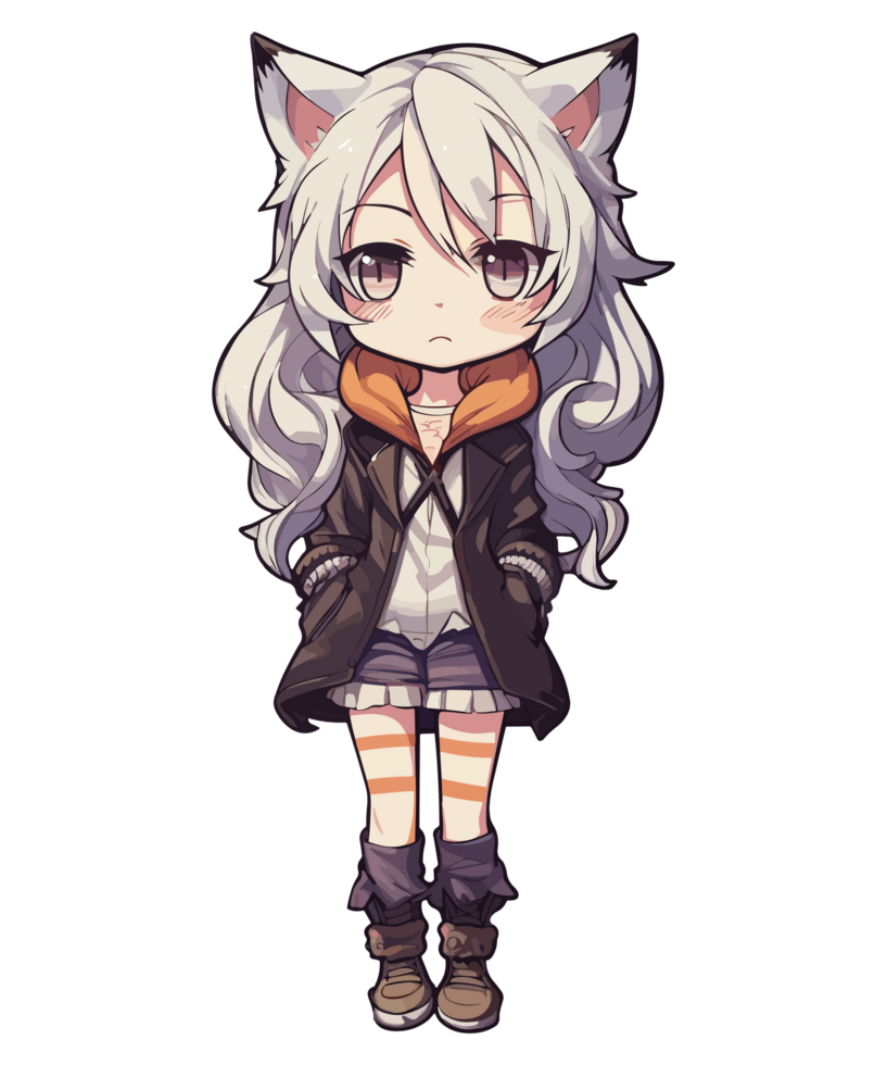 Anime Girl with a Black Jacket and White Fur on Her Ears png